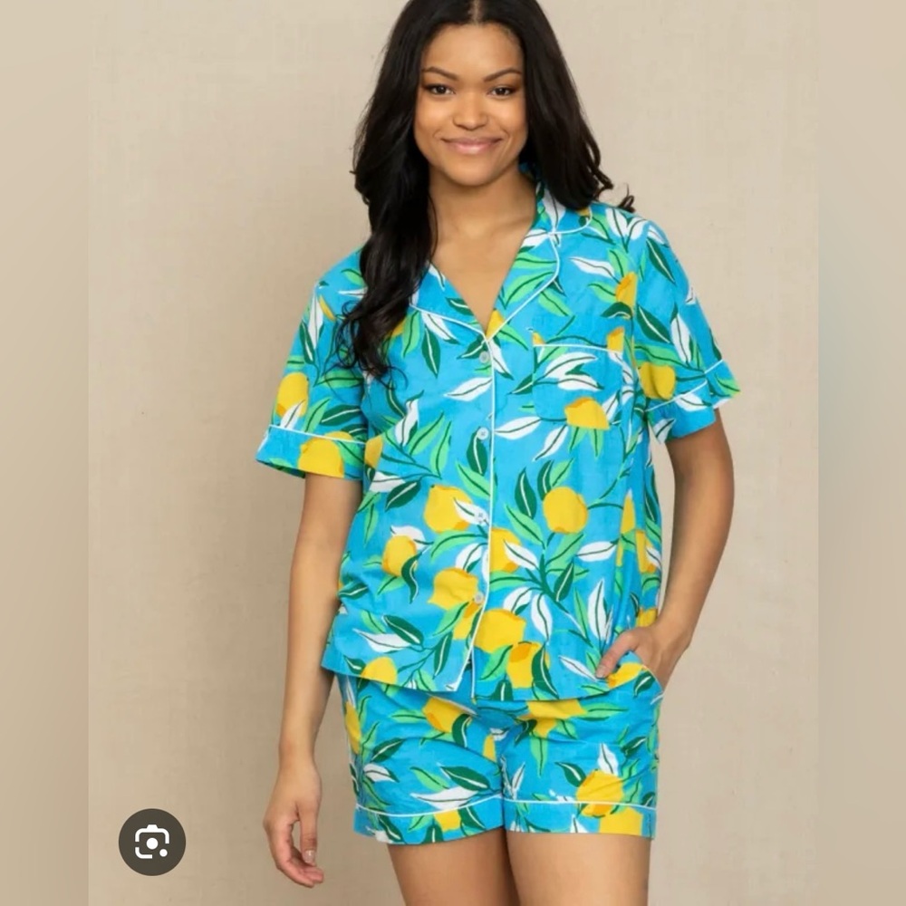 Printfresh Lemon Zest shorts set in blue in large. Pajamas